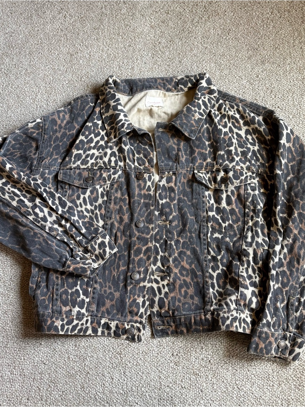 Leopard Print Denim Jacket - Brown & Cream